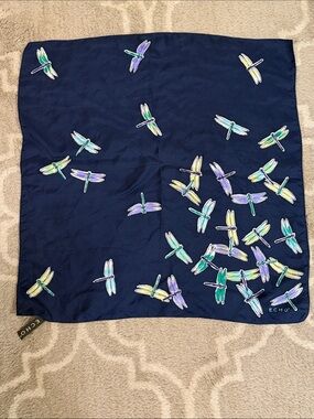 Echo Navy Silk Scarf with Colourful Dragonfly Motif